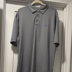 Peter Millar Navy & White Striped Polo with Subtle Embroidered Crest